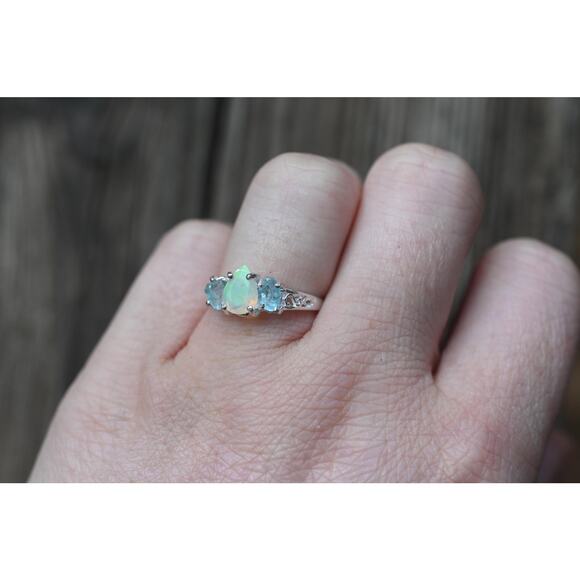 Aquamarine and opal engagement ring sterling silver size 3 4 5 6 7 8 9 10 11 12 - Picture 3 of 3